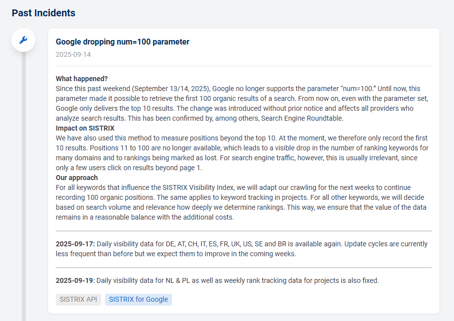Sistrix communications related to ?num=100 Google